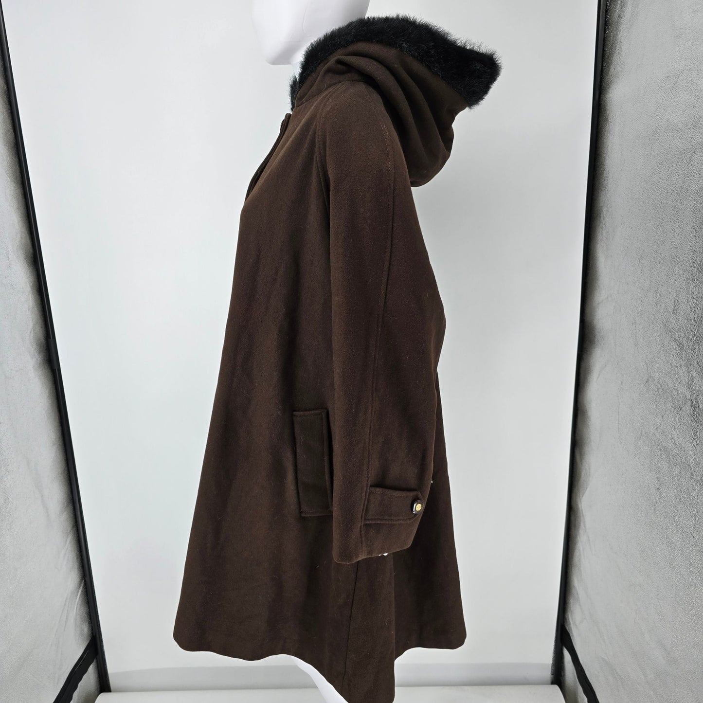 Vintage 1980s Stephanie Matthews Women's Brown Faux Fur Trim Hooded Coat (XXL)