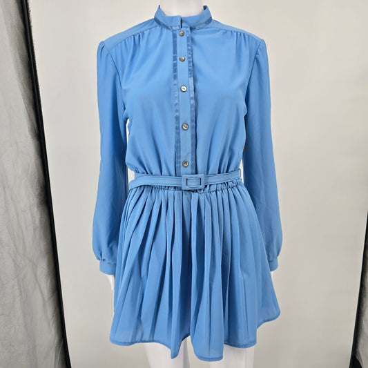 Vintage 1970s Jennifer Gee Cornflower Blue Belted Secretary Mini Dress (10/M)