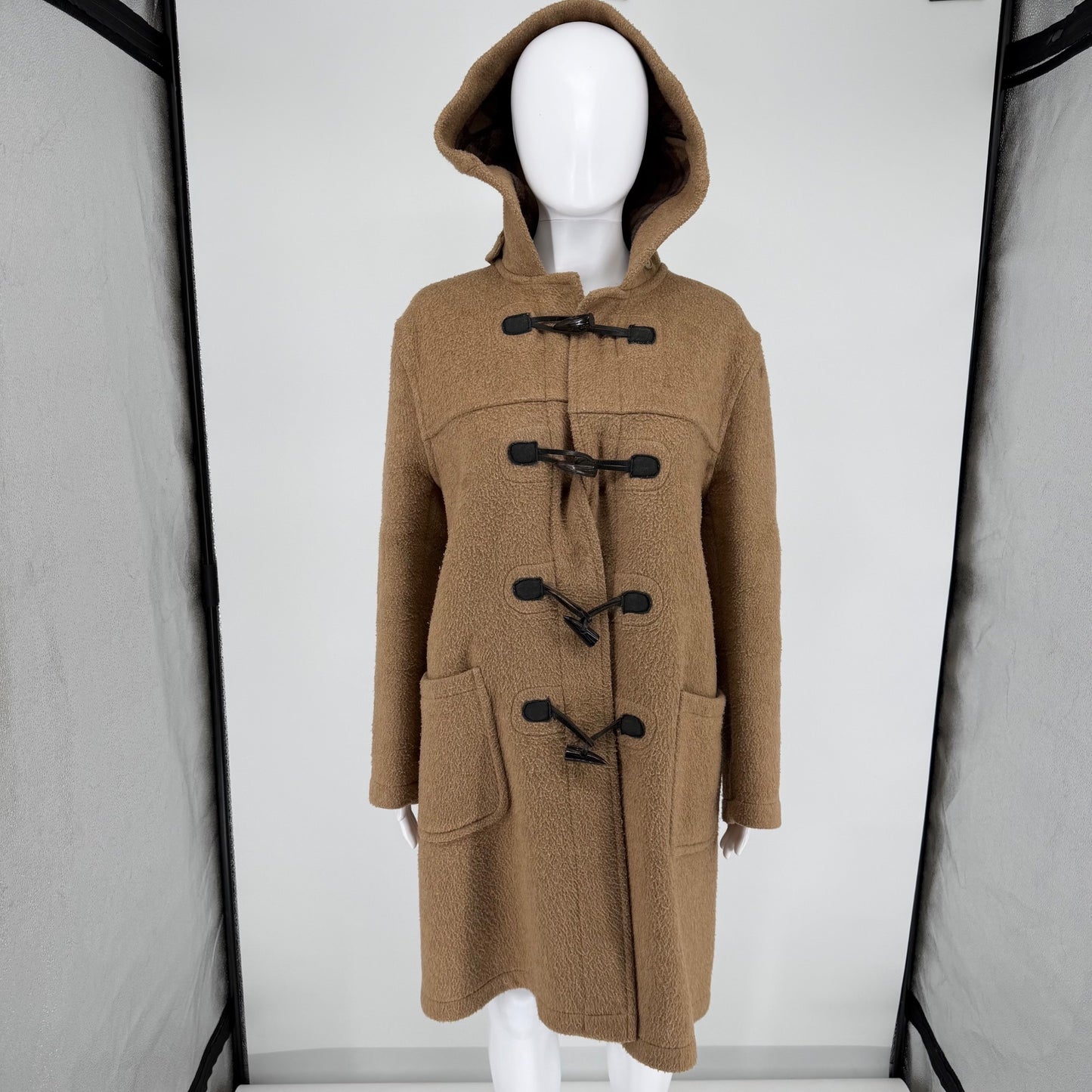 Vintage 1980s Made in England Tan Wool-Blend Hooded Duffle Coat (Size 14/XL)