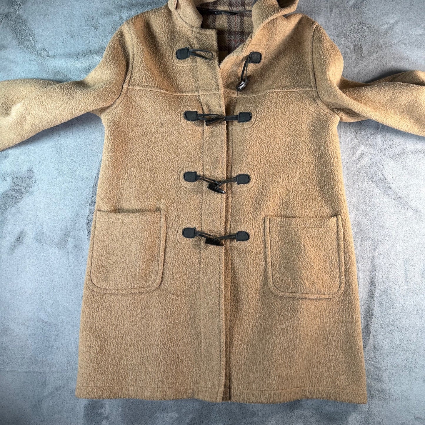 Vintage 1980s Made in England Tan Wool-Blend Hooded Duffle Coat (Size 14/XL)
