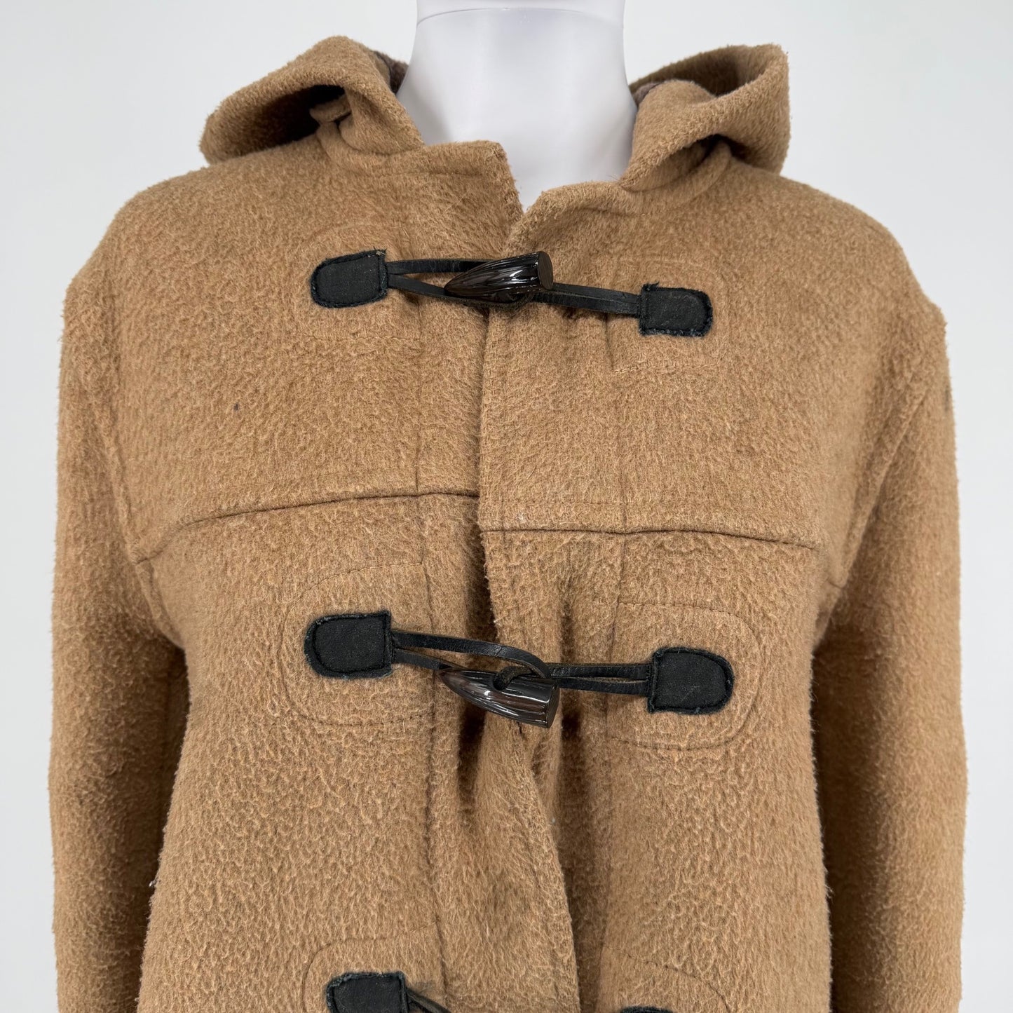 Vintage 1980s Made in England Tan Wool-Blend Hooded Duffle Coat (Size 14/XL)
