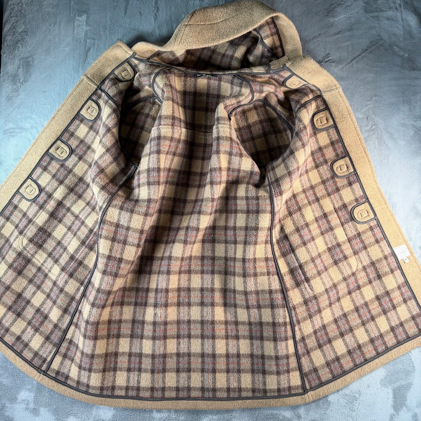 Vintage 1980s Made in England Tan Wool-Blend Hooded Duffle Coat (Size 14/XL)