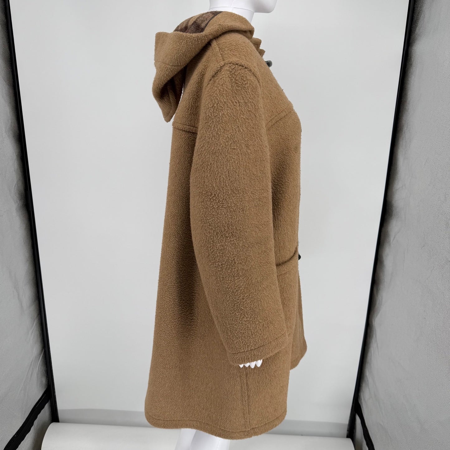 Vintage 1980s Made in England Tan Wool-Blend Hooded Duffle Coat (Size 14/XL)