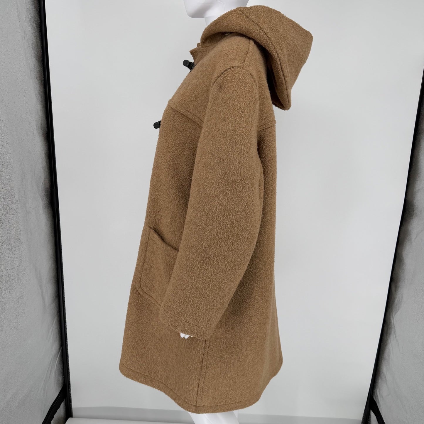 Vintage 1980s Made in England Tan Wool-Blend Hooded Duffle Coat (Size 14/XL)