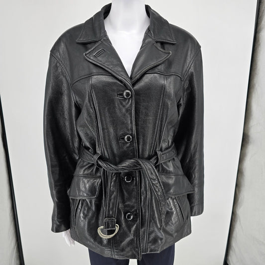 Vintage 1990s Tannery West 3M Thinsulate Lined Black Leather Belted Jacket (M)