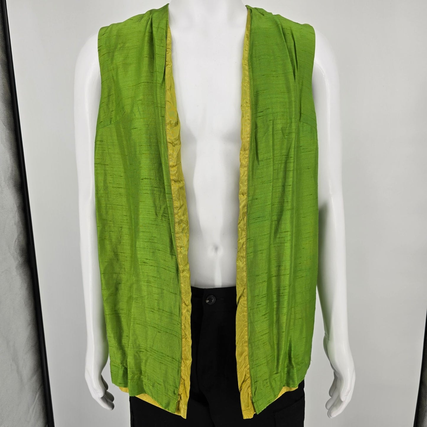 Vintage 1990s Unisex Lime Green/Chartreuse Slubbed Silk Open Front Boho Vest (M)