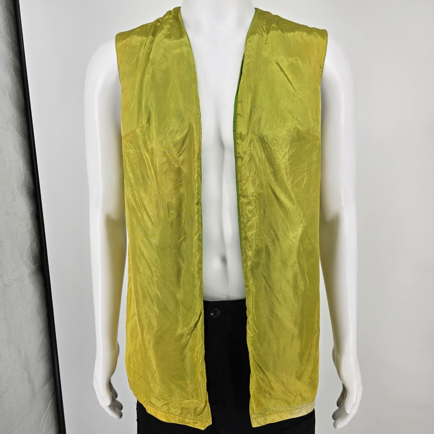 Vintage 1990s Unisex Lime Green/Chartreuse Slubbed Silk Open Front Boho Vest (M)
