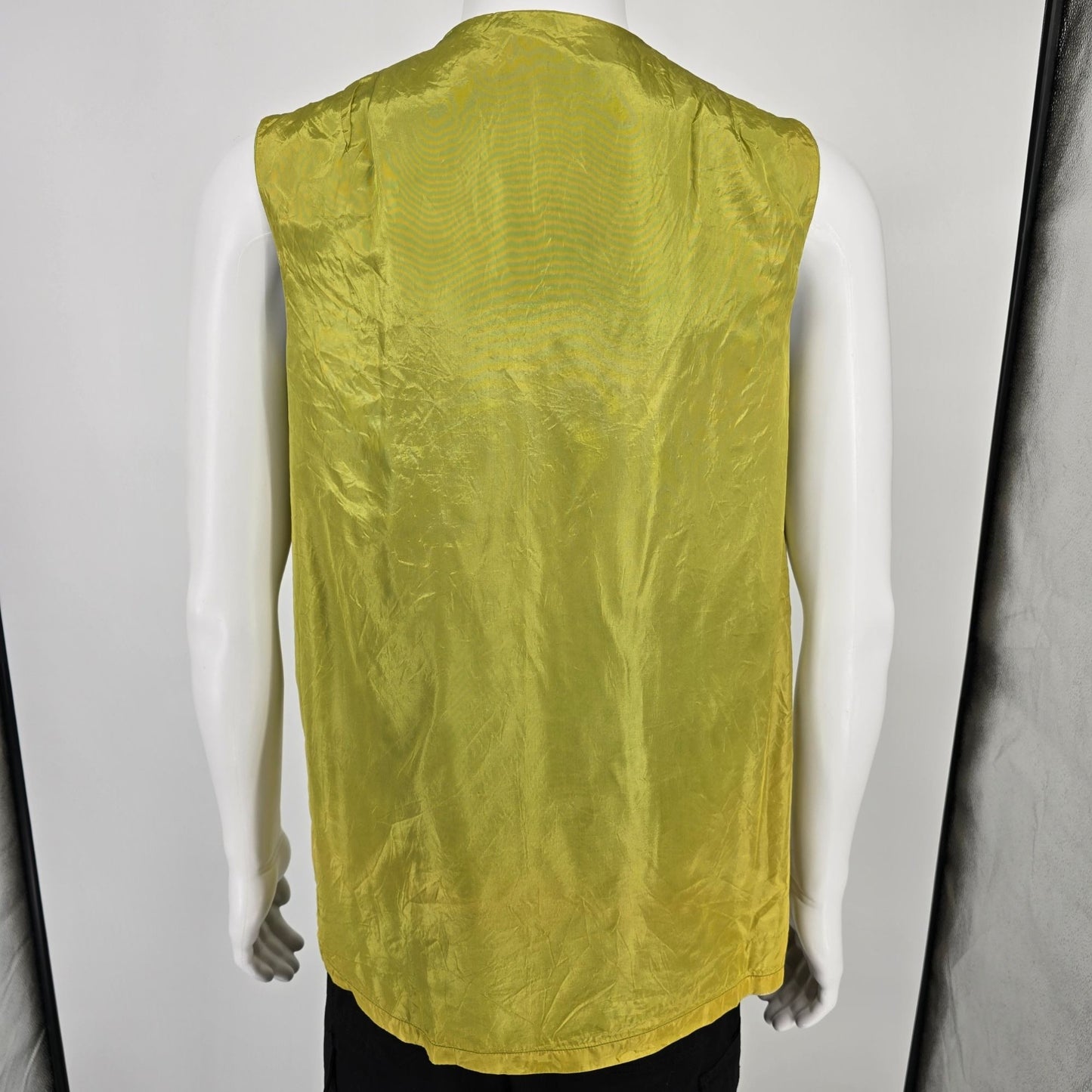 Vintage 1990s Unisex Lime Green/Chartreuse Slubbed Silk Open Front Boho Vest (M)
