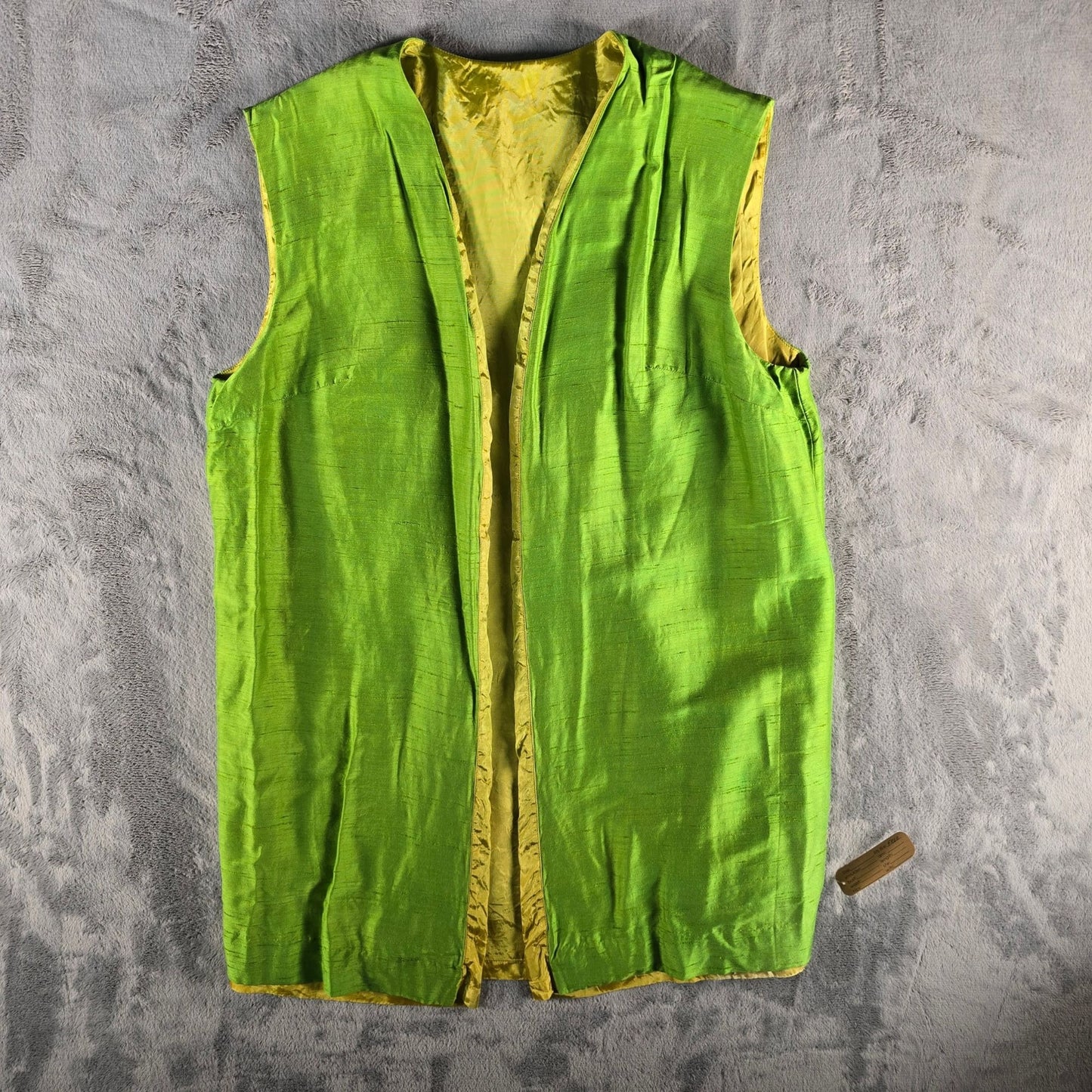 Vintage 1990s Unisex Lime Green/Chartreuse Slubbed Silk Open Front Boho Vest (M)