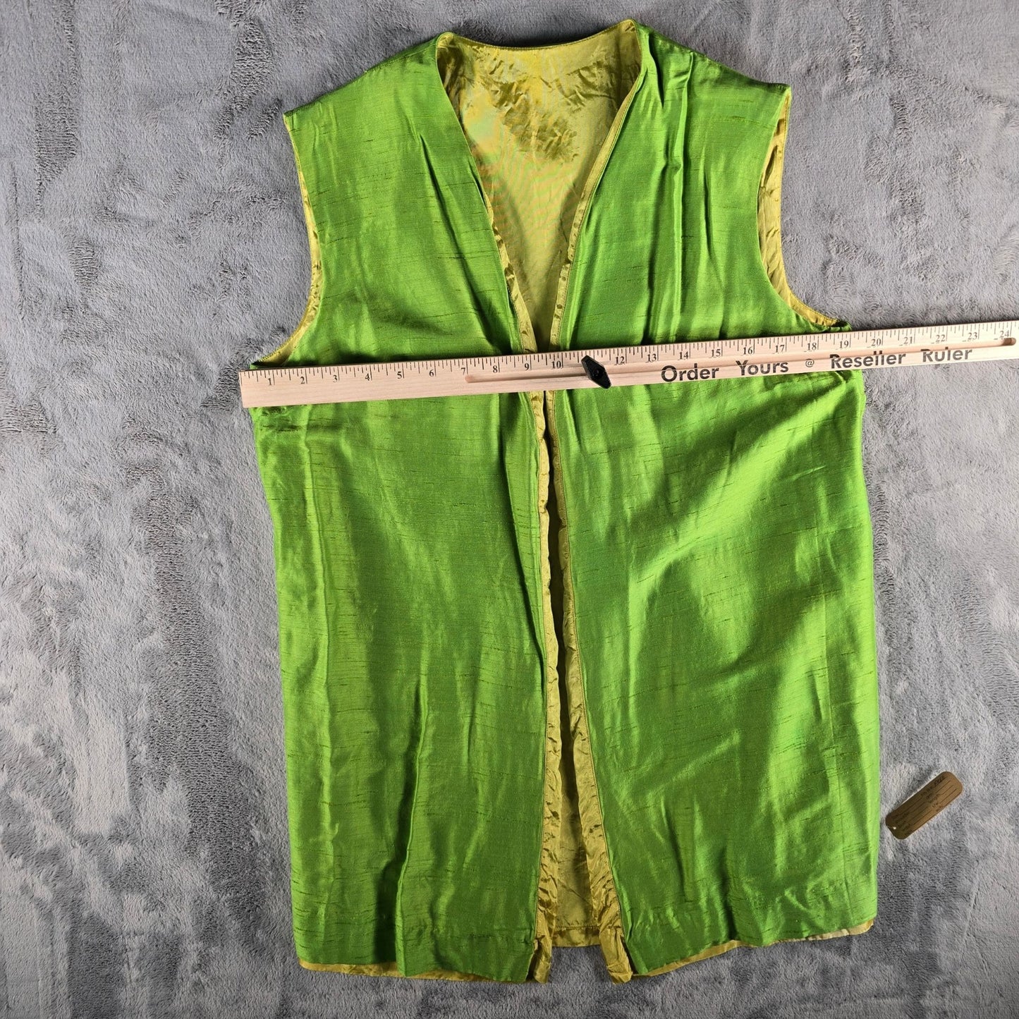 Vintage 1990s Unisex Lime Green/Chartreuse Slubbed Silk Open Front Boho Vest (M)