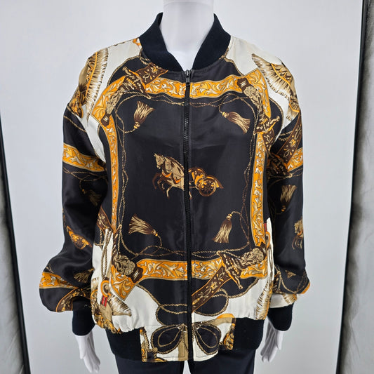 Vintage 1990s Moda International Equestrian Scarf Print Satin Bomber Jacket (OS)