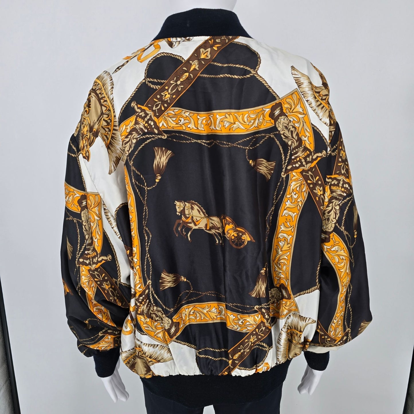 Vintage 1990s Moda International Equestrian Scarf Print Satin Bomber Jacket (OS)