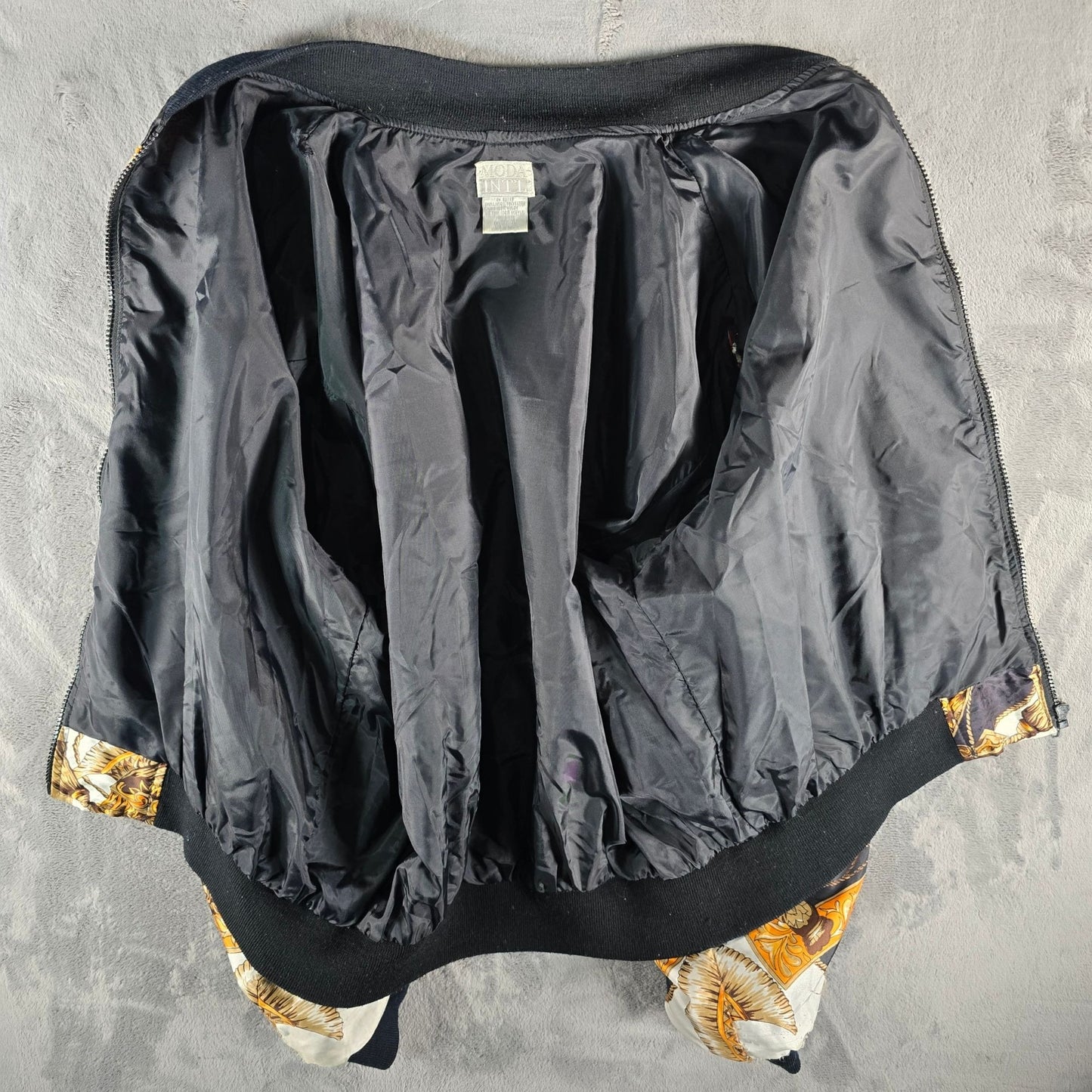 Vintage 1990s Moda International Equestrian Scarf Print Satin Bomber Jacket (OS)