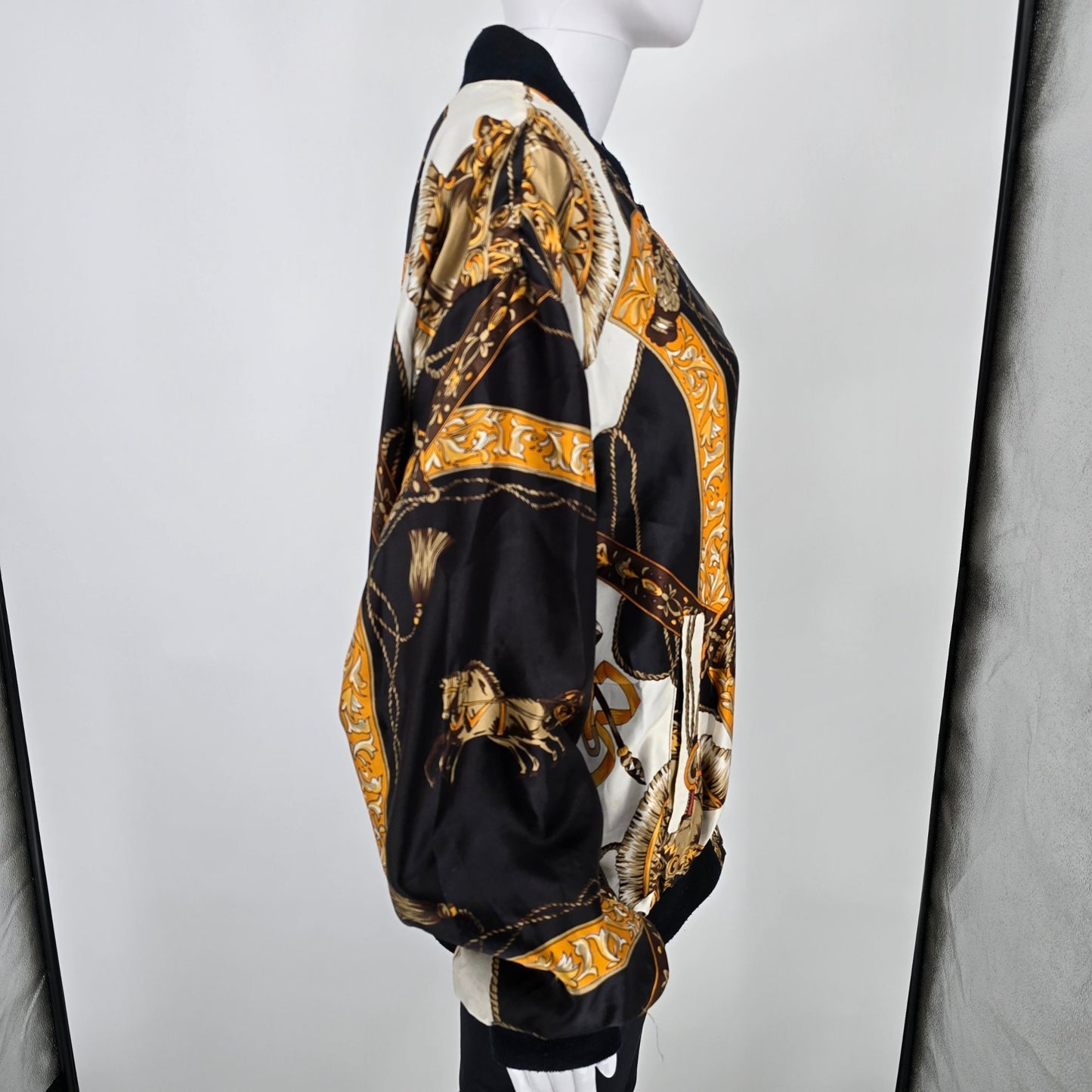 Vintage 1990s Moda International Equestrian Scarf Print Satin Bomber Jacket (OS)