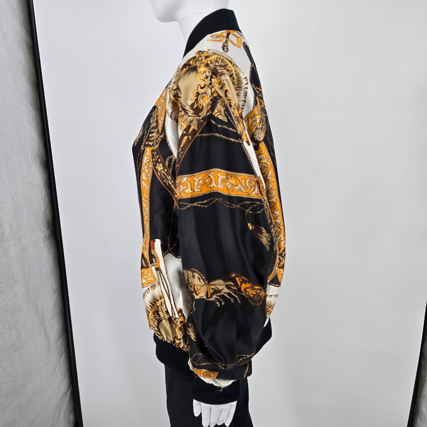 Vintage 1990s Moda International Equestrian Scarf Print Satin Bomber Jacket (OS)