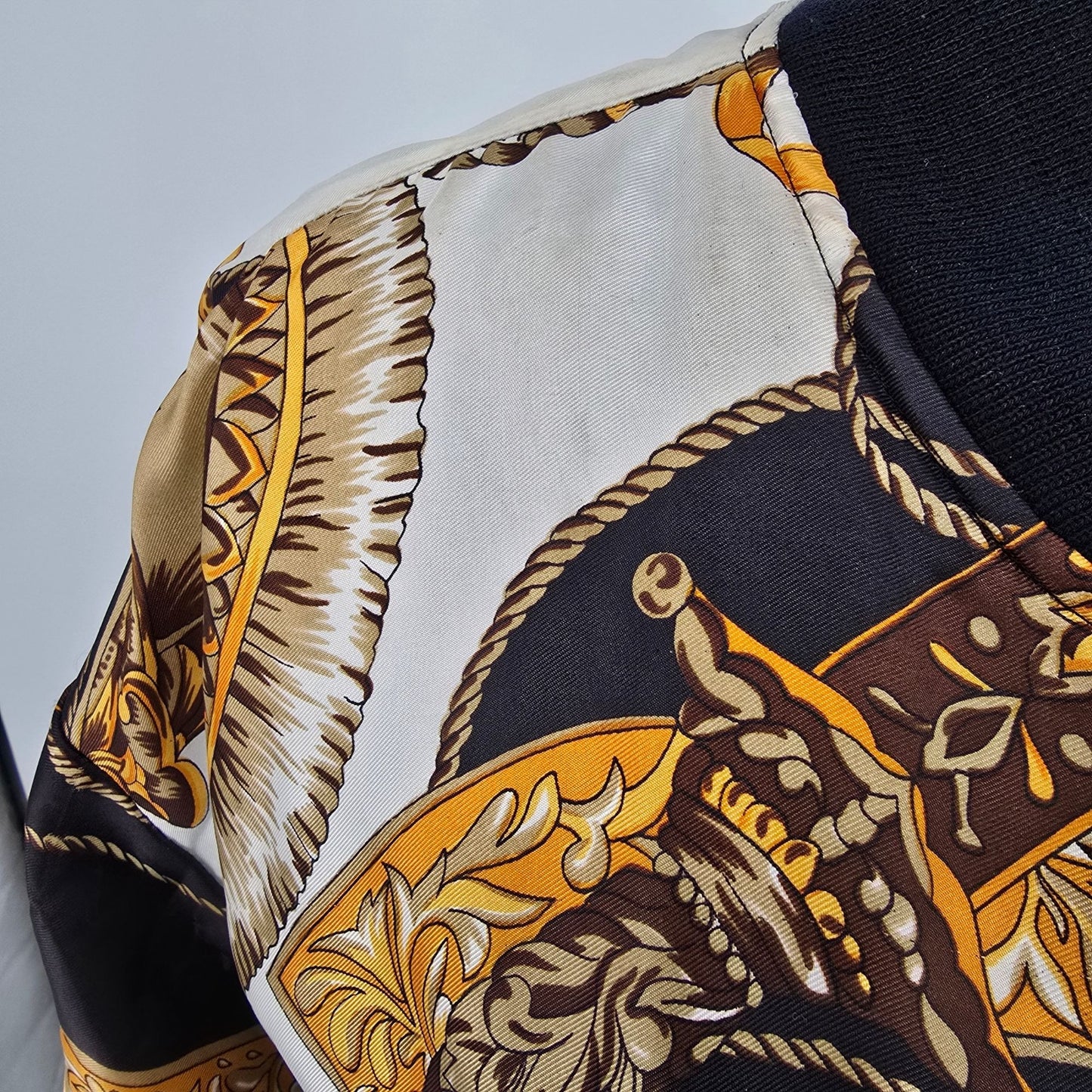 Vintage 1990s Moda International Equestrian Scarf Print Satin Bomber Jacket (OS)