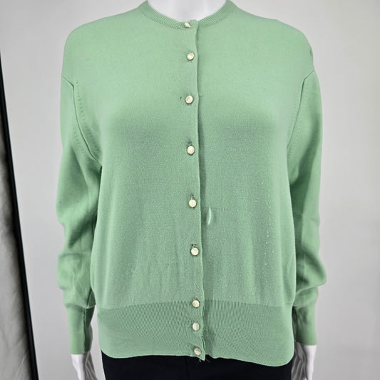 Vintage 1950s Women's Mint Green Fine Knit Crew Neck Cardigan Sweater (L) *Flaws