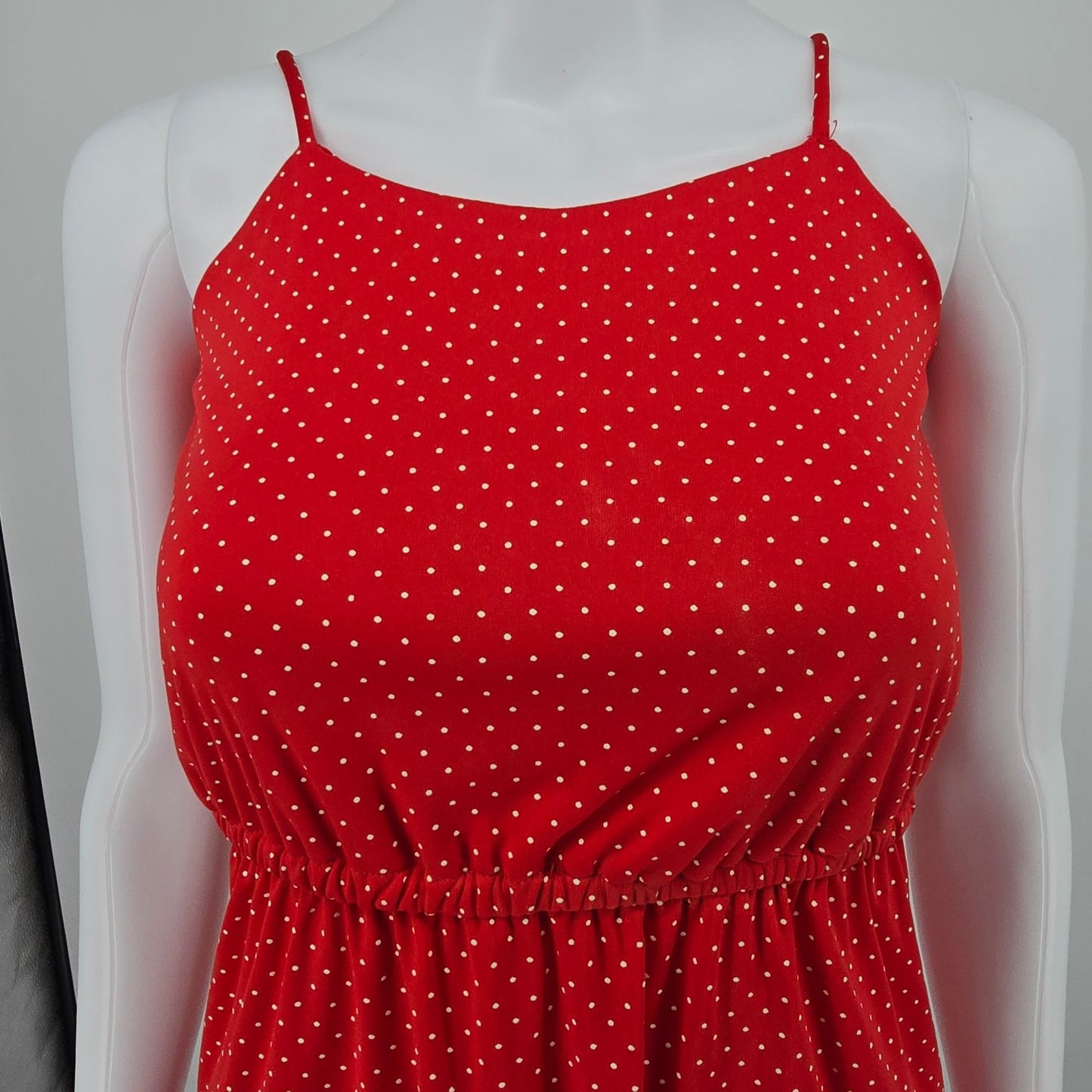 Vintage 1980s Red/White Pin Dot Spaghetti Strap Elastic Waist Sundress (XS)