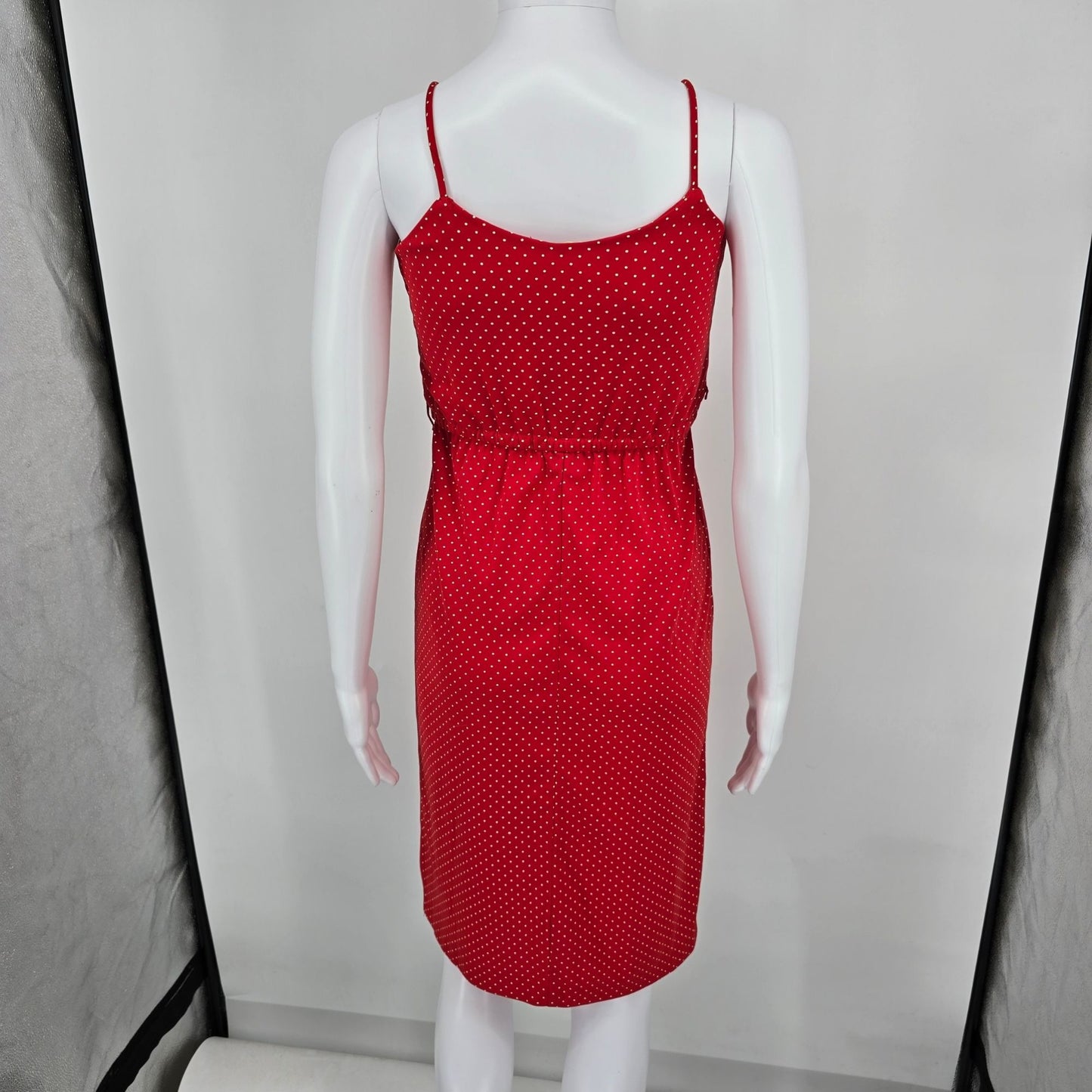 Vintage 1980s Red/White Pin Dot Spaghetti Strap Elastic Waist Sundress (XS)