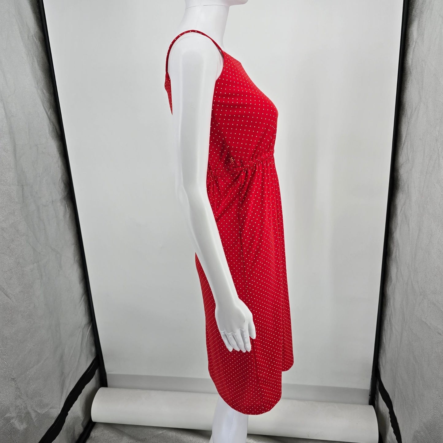 Vintage 1980s Red/White Pin Dot Spaghetti Strap Elastic Waist Sundress (XS)