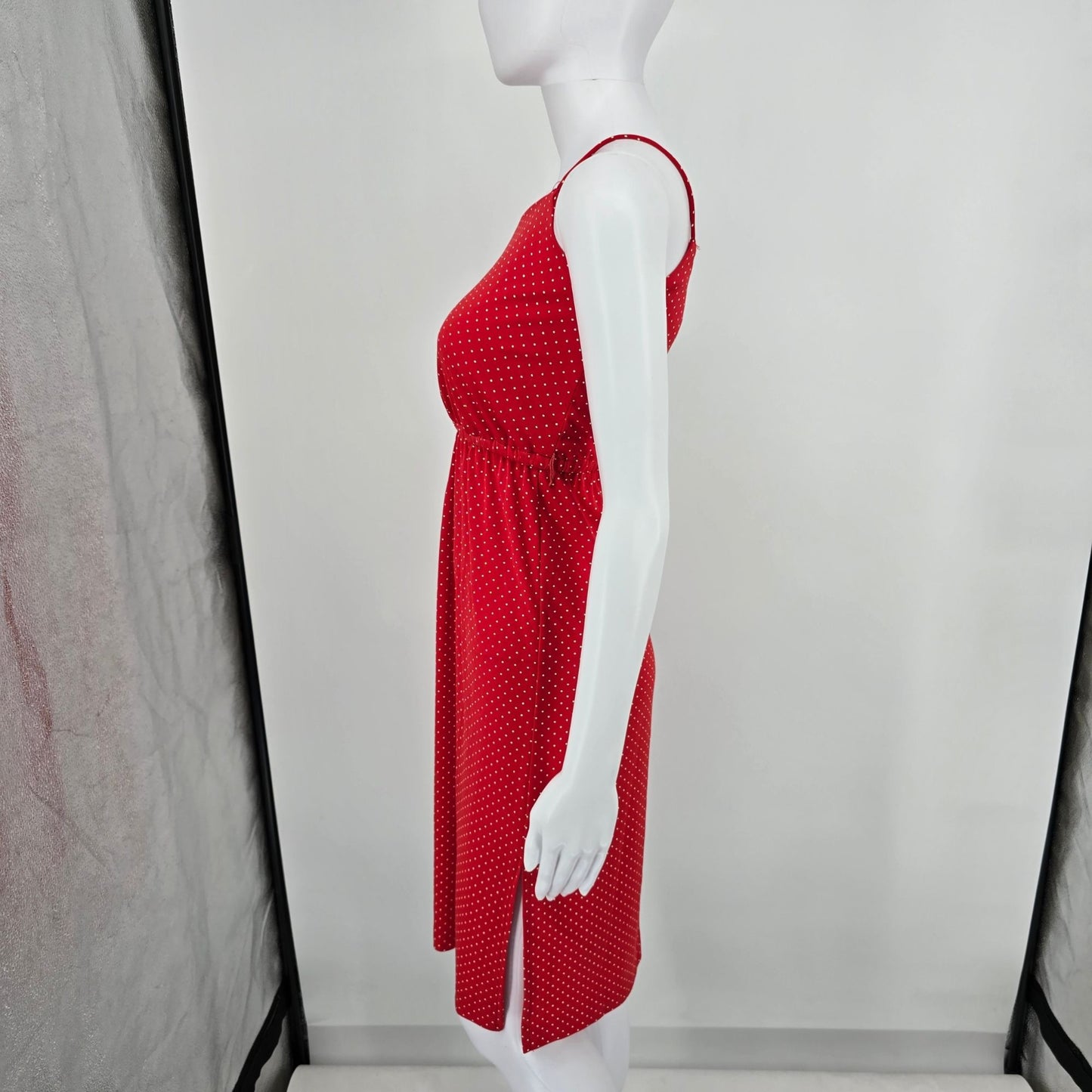Vintage 1980s Red/White Pin Dot Spaghetti Strap Elastic Waist Sundress (XS)
