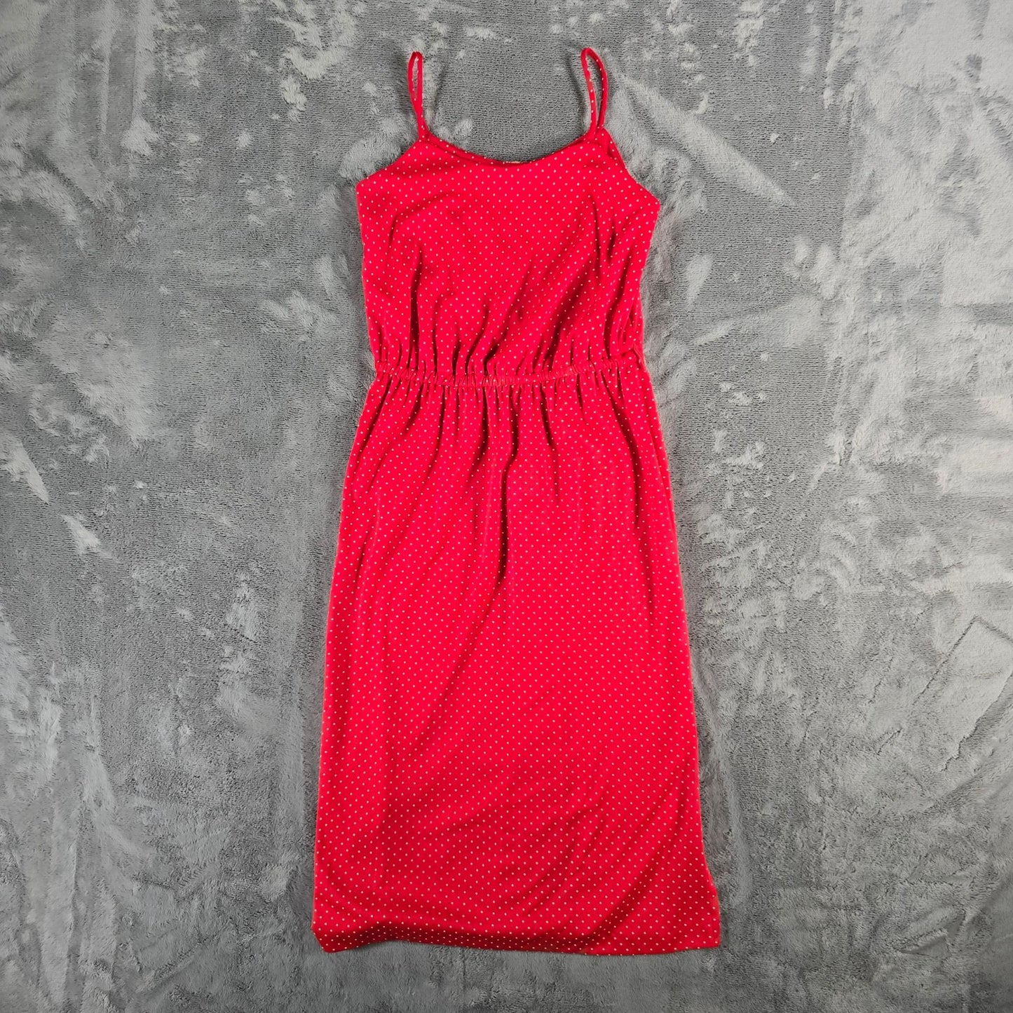 Vintage 1980s Red/White Pin Dot Spaghetti Strap Elastic Waist Sundress (XS)