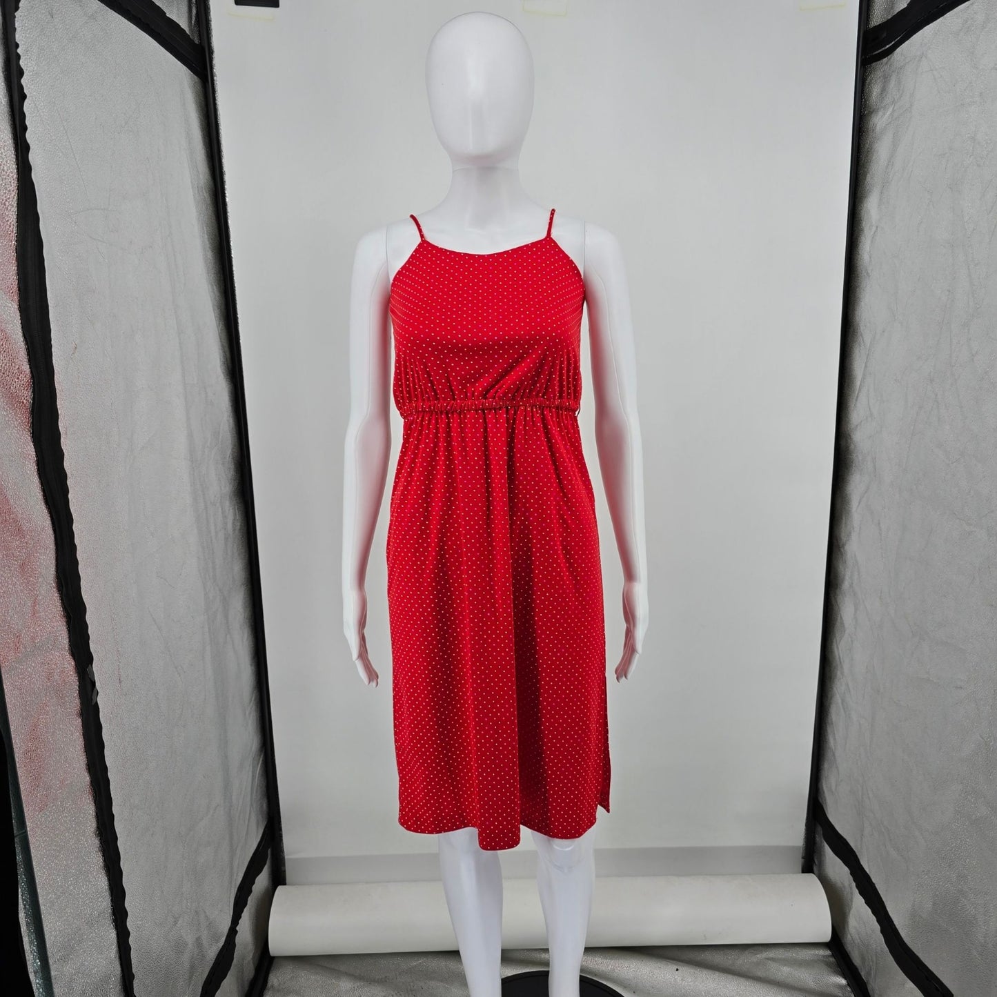 Vintage 1980s Red/White Pin Dot Spaghetti Strap Elastic Waist Sundress (XS)