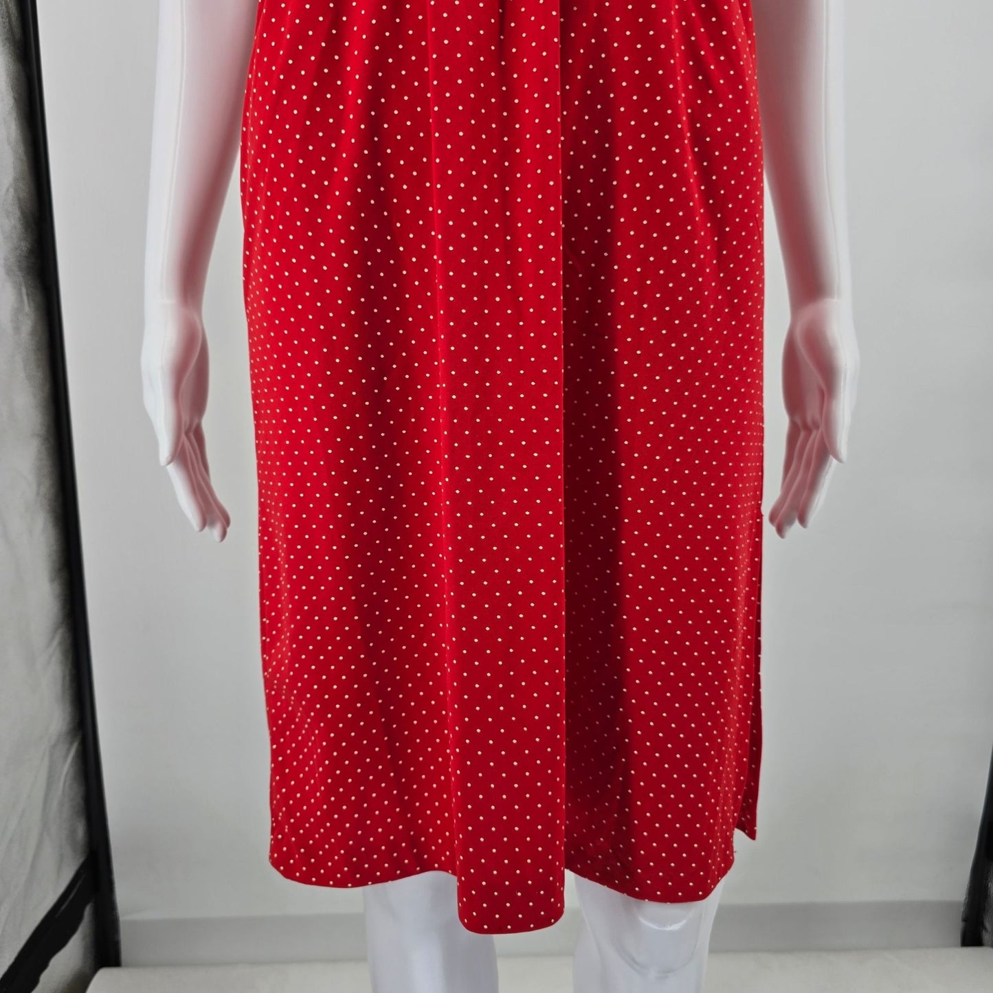 Vintage 1980s Red/White Pin Dot Spaghetti Strap Elastic Waist Sundress (XS)