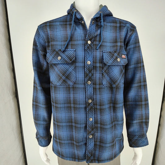 Dickies Men's Blue Plaid Fleece-Lined Canvas Hooded Shirt Jacket (S 34-36)