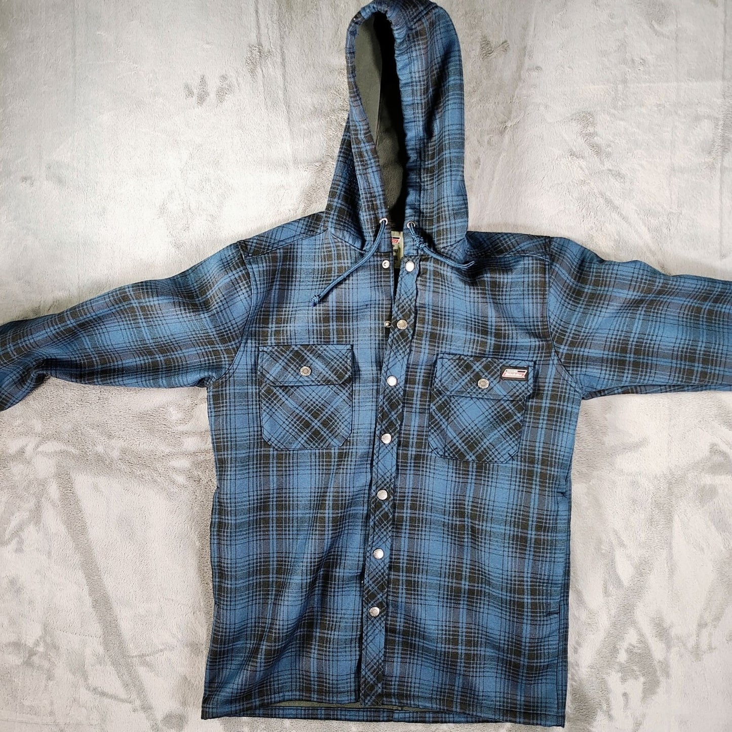 Dickies Men's Blue Plaid Fleece-Lined Canvas Hooded Shirt Jacket (S 34-36)