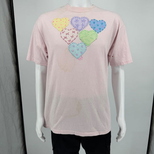 Distressed Vintage 1990s Hanes Handmade Pastel Heart Appliqué T-Shirt (L)