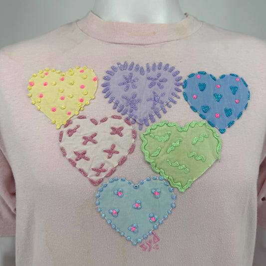 Distressed Vintage 1990s Hanes Handmade Pastel Heart Appliqué T-Shirt (L)