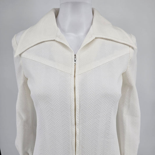 Vintage Early 1970s Ivory Textured Chevron Knee-Length Mod Dress (Size 6/S)