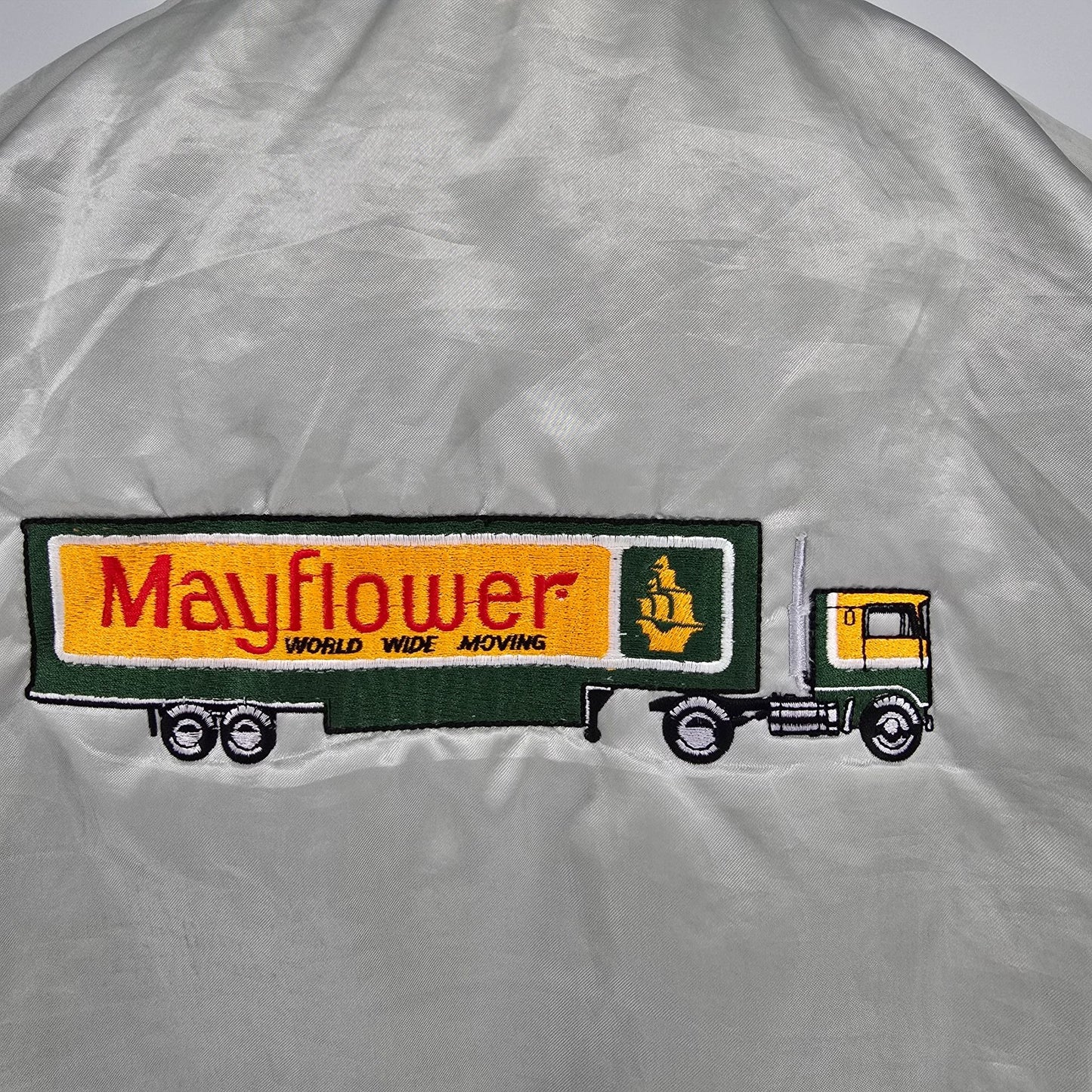 Vintage 1980s King Louie Pro Fit Mayflower Transit Nylon Satin Bomber Jacket (L)