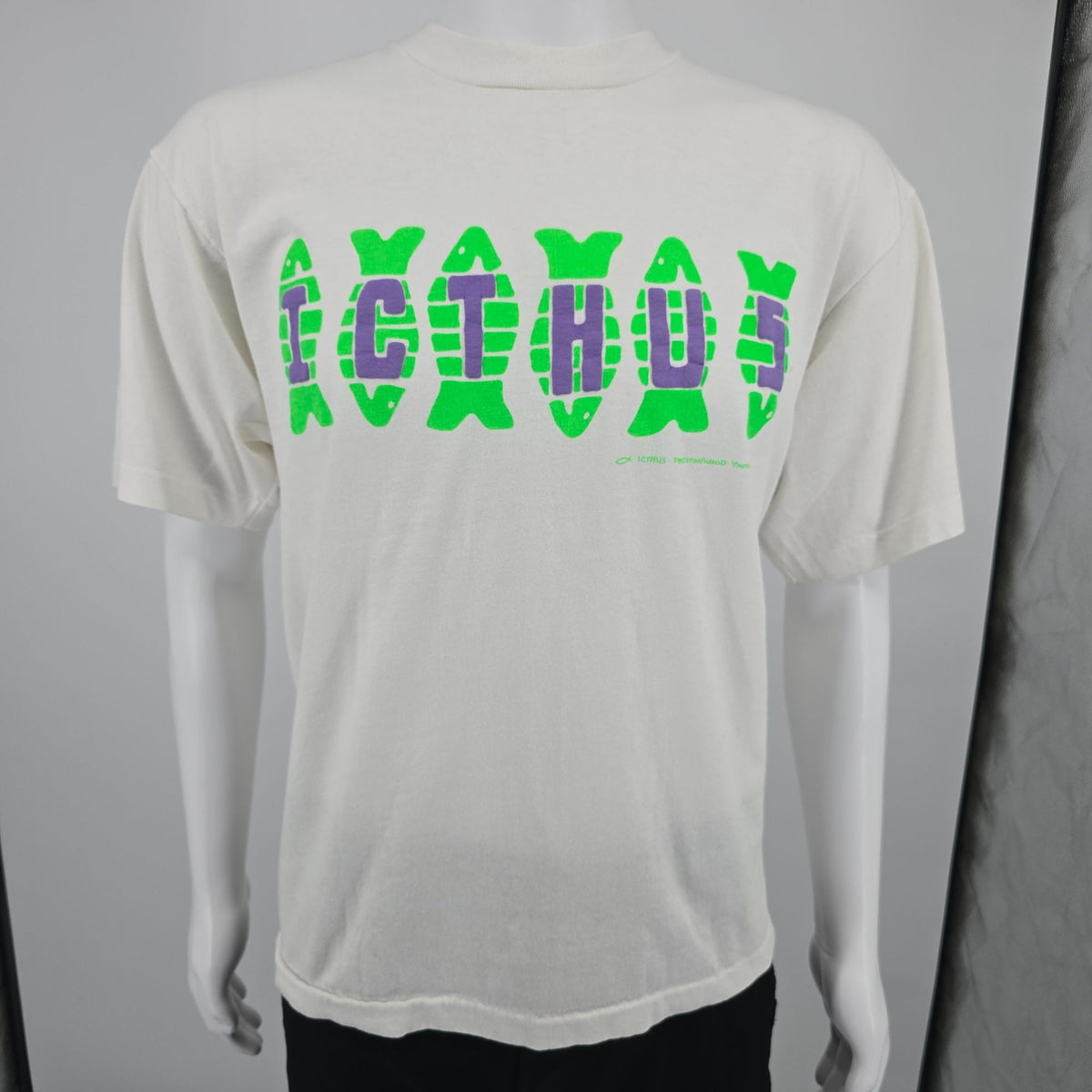 Vintage 1990s Screen Stars Best Prestonwood Youth Icthus Puff Print T-Shirt (XL)