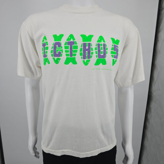 Vintage 1990s Screen Stars Best Prestonwood Youth Icthus Puff Print T-Shirt (XL)