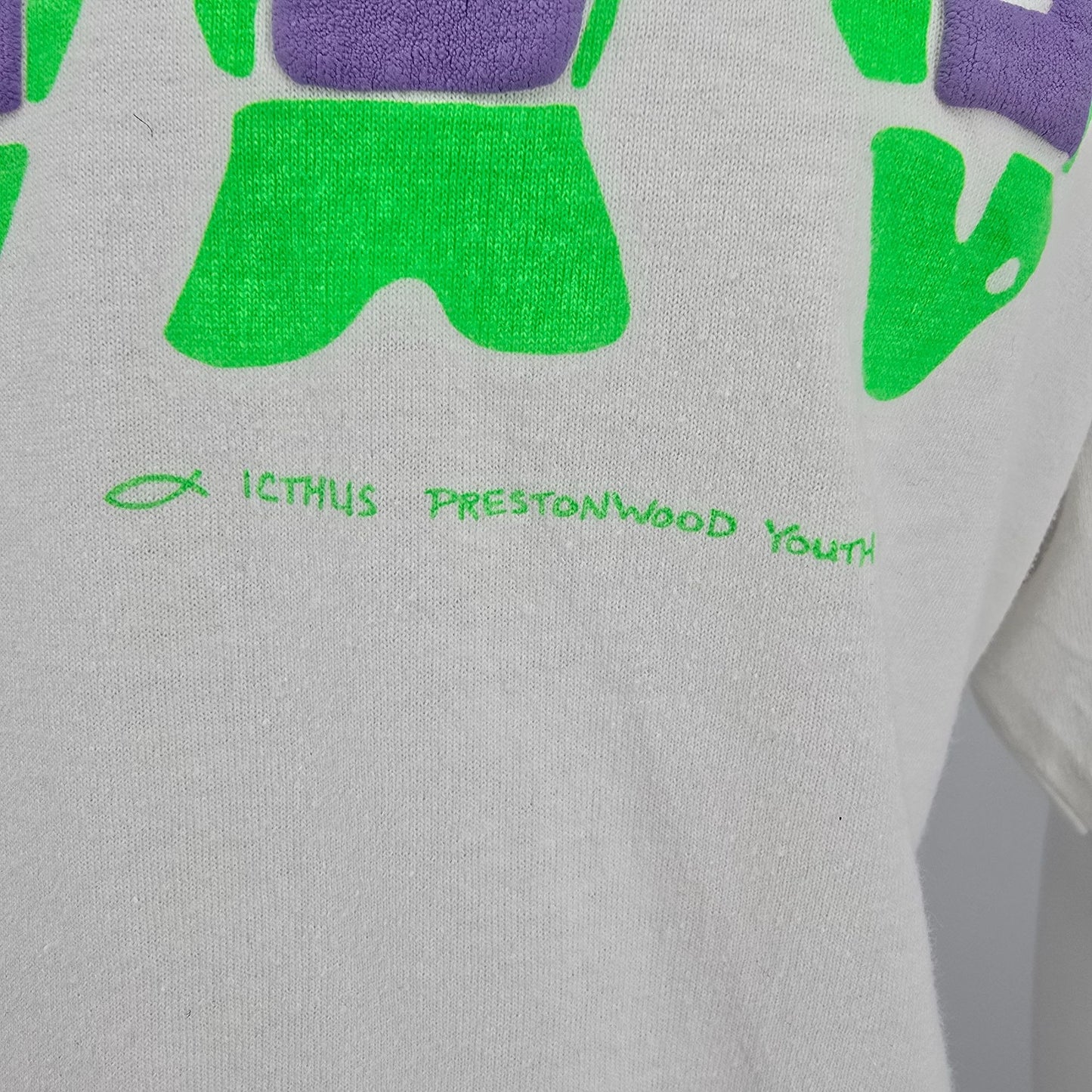 Vintage 1990s Screen Stars Best Prestonwood Youth Icthus Puff Print T-Shirt (XL)
