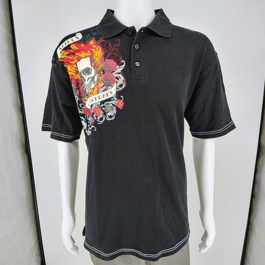 RARE Vintage Y2K Avirex "Legendary" Black Polo Shirt Skull & Flames Graphic (L)