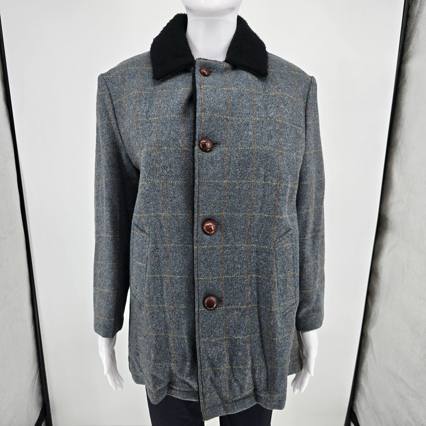 Vintage 1960s Weatherpal by Lee Wald Womens Faux Fur Collar Plaid Wool Coat (M)