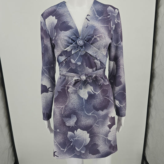 Vintage 1970s Purple Airbrushed Floral Pattern Long Sleeve Mini Dress (M)