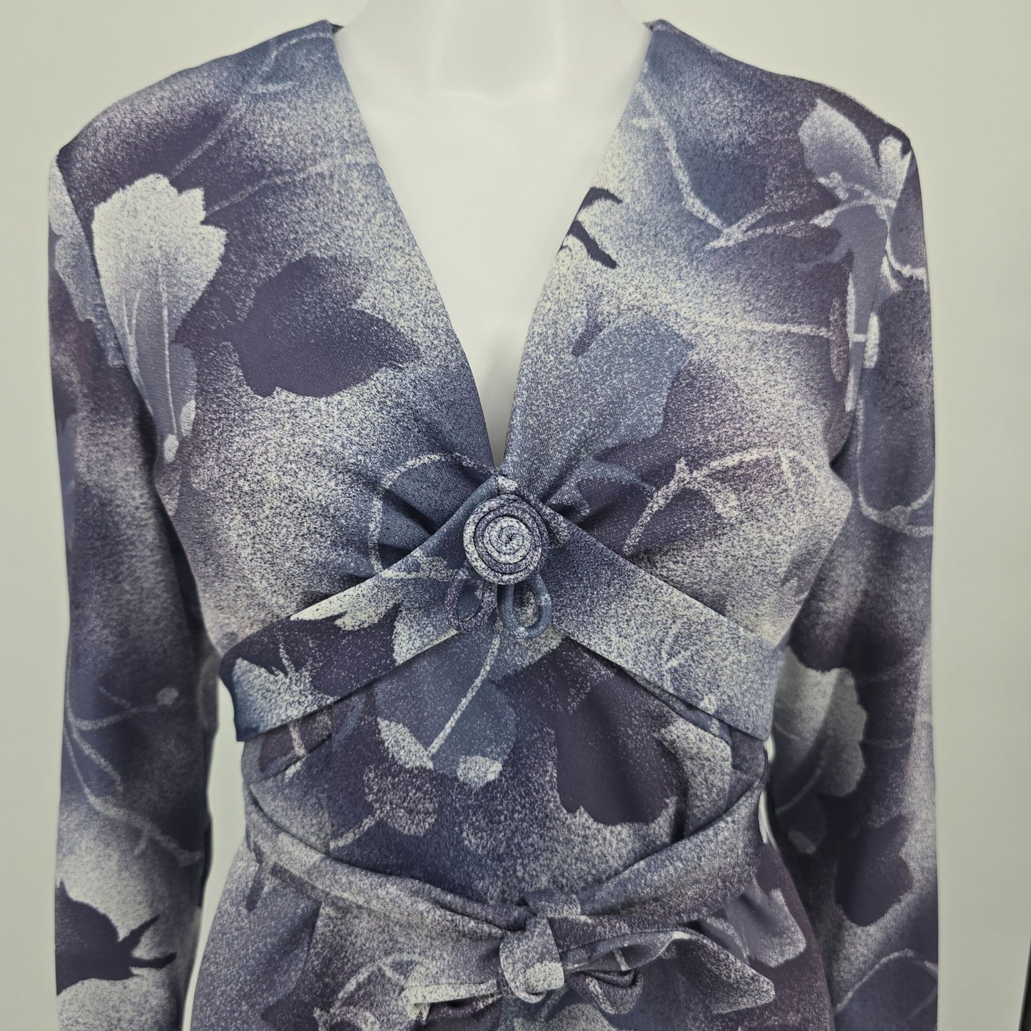 Vintage 1970s Purple Airbrushed Floral Pattern Long Sleeve Mini Dress (M)