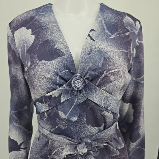 Vintage 1970s Purple Airbrushed Floral Pattern Long Sleeve Mini Dress (M)