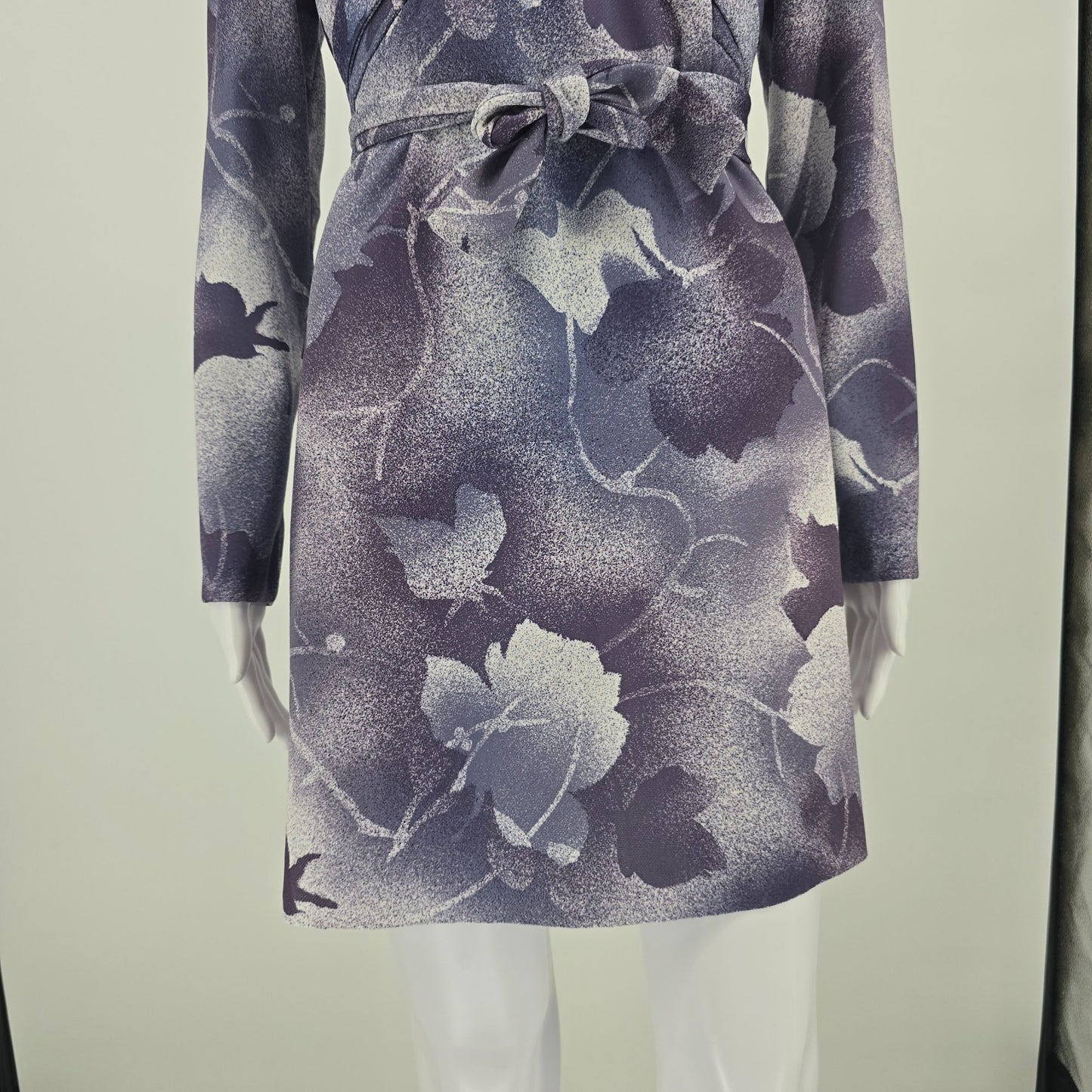 Vintage 1970s Purple Airbrushed Floral Pattern Long Sleeve Mini Dress (M)