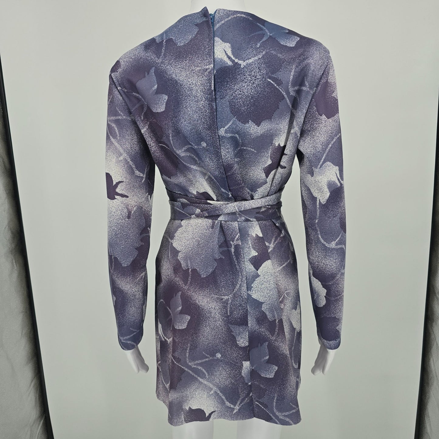 Vintage 1970s Purple Airbrushed Floral Pattern Long Sleeve Mini Dress (M)