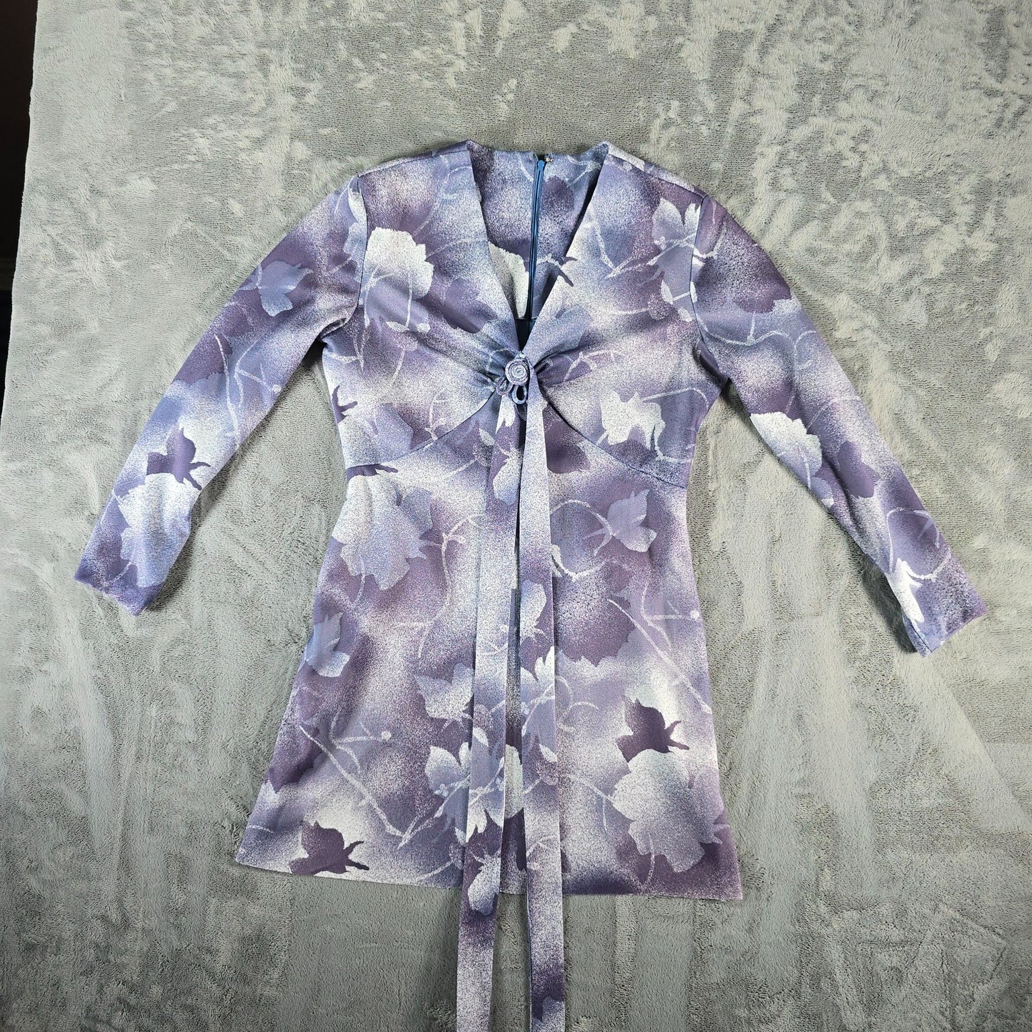 Vintage 1970s Purple Airbrushed Floral Pattern Long Sleeve Mini Dress (M)
