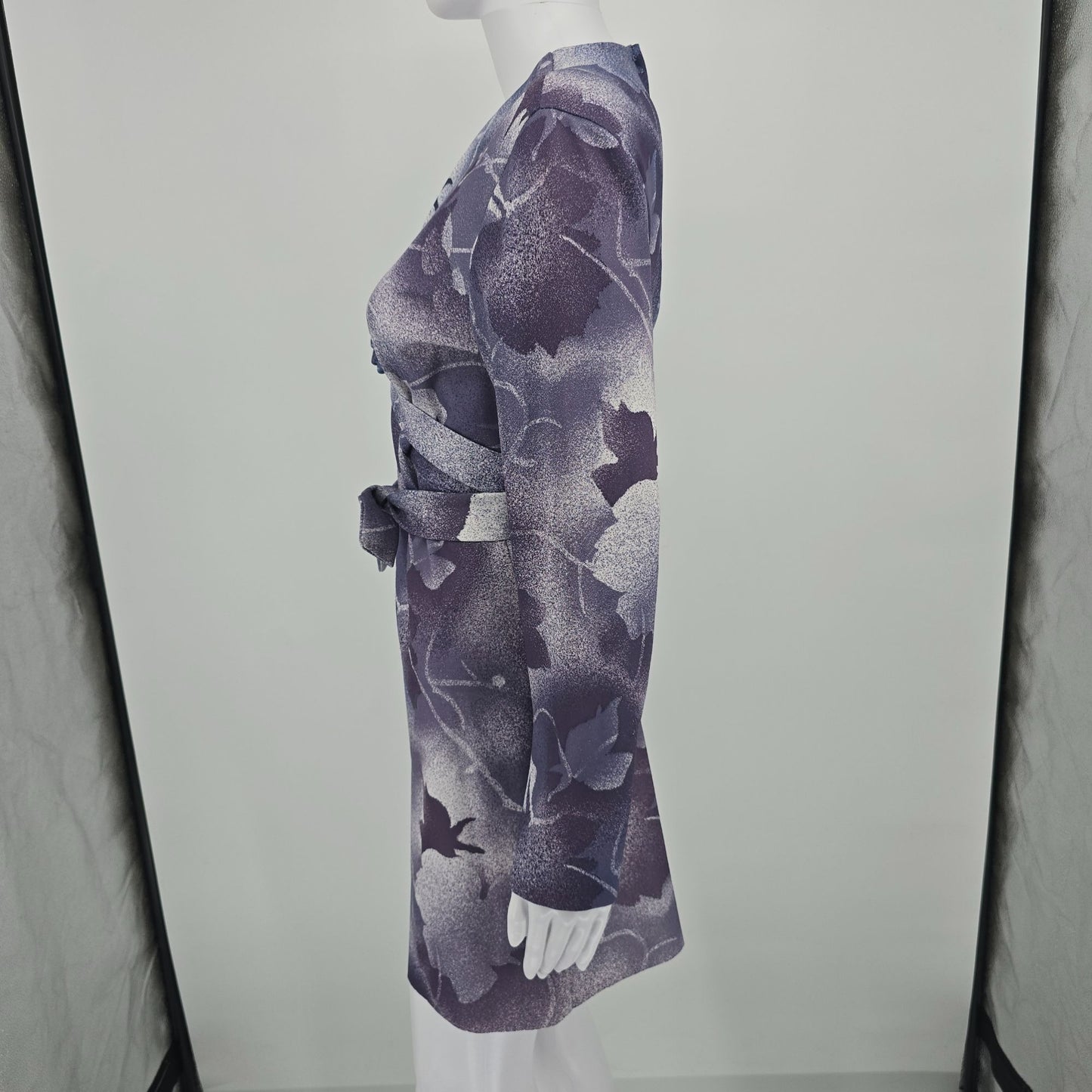 Vintage 1970s Purple Airbrushed Floral Pattern Long Sleeve Mini Dress (M)