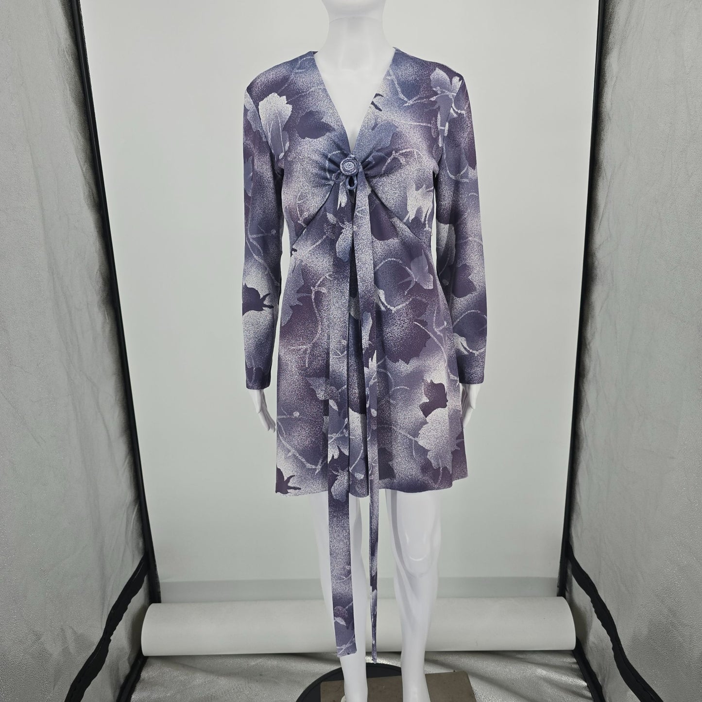 Vintage 1970s Purple Airbrushed Floral Pattern Long Sleeve Mini Dress (M)