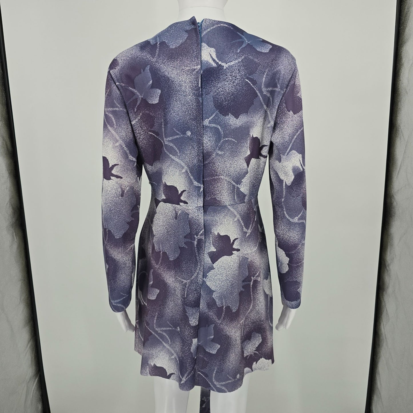 Vintage 1970s Purple Airbrushed Floral Pattern Long Sleeve Mini Dress (M)