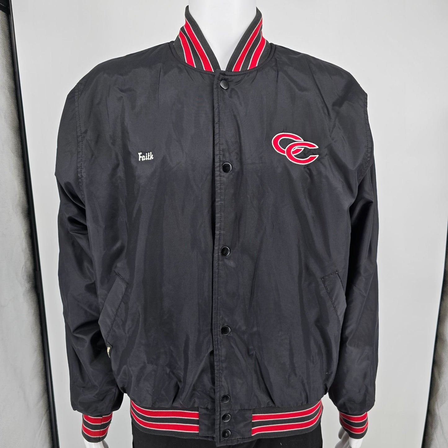 Vintage 2000s Catholic Central Raiders "Faith" Nylon Satin Bomber Jacket (L)