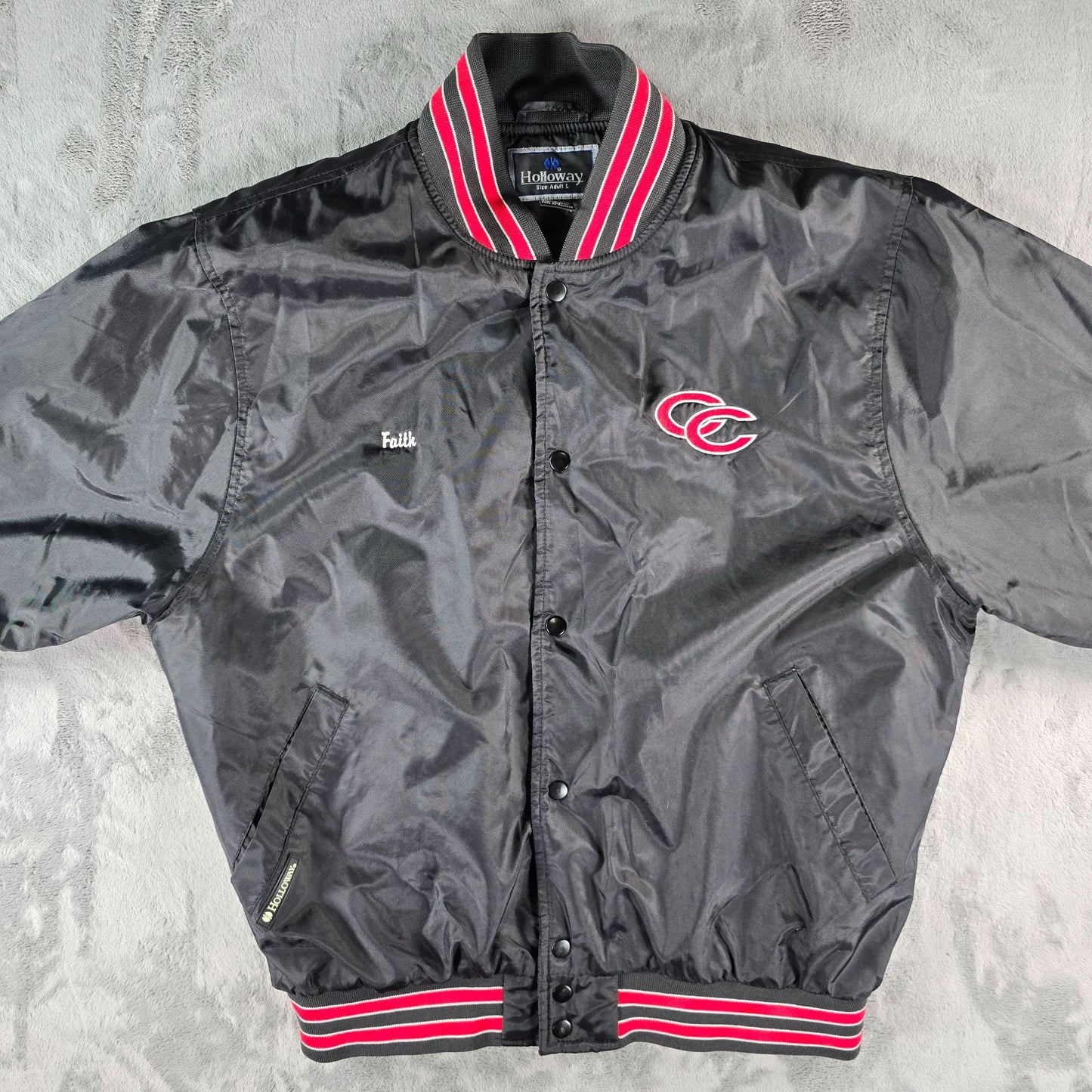 Vintage 2000s Catholic Central Raiders "Faith" Nylon Satin Bomber Jacket (L)